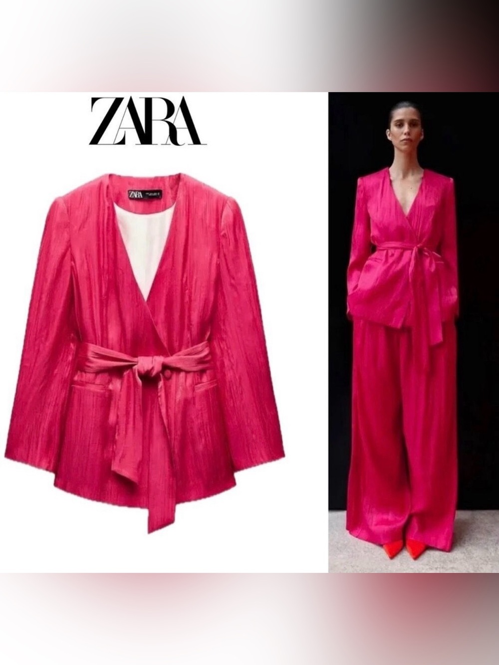 NWT ZARA Women's Blazer Wrinkle Effect Belted fuchsia Hot Pink Size XS